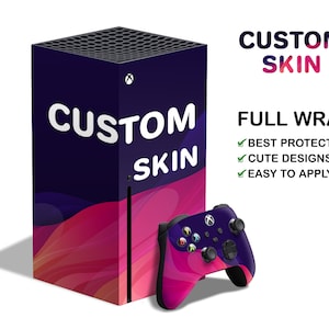 May include: A custom skin for the Xbox Series X console and controller. The skin features a purple and pink abstract design with the words "CUSTOM SKIN" printed on the console. The text "FULL WRAP" is printed above the controller with checkmarks next to the words "BEST PROTECTION", "CUTE DESIGNS", and "EASY TO APPLY".