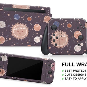 May include: A full wrap skin for the Nintendo Switch console and controllers. The design features a cute cartoon sun and planets on a dark purple background with white stars. The text "FULL WRAP" is displayed in white letters on a black background. The text "BEST PROTECTION", "CUTE DESIGNS", and "EASY TO APPLY" are displayed in green checkmarks with white text.
