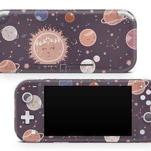 May include: A purple Nintendo Switch Lite console skin with a whimsical space theme. The design features a smiling sun, planets, and stars.