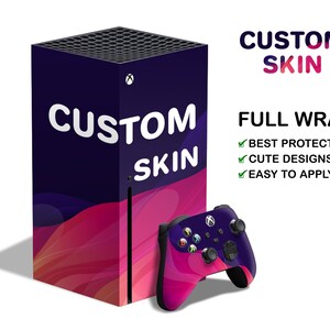 May include: A custom skin for a gaming console, featuring a purple and pink abstract design. The skin is designed to cover the entire console, including the controller. The text "CUSTOM SKIN" is displayed on the console and the controller.
