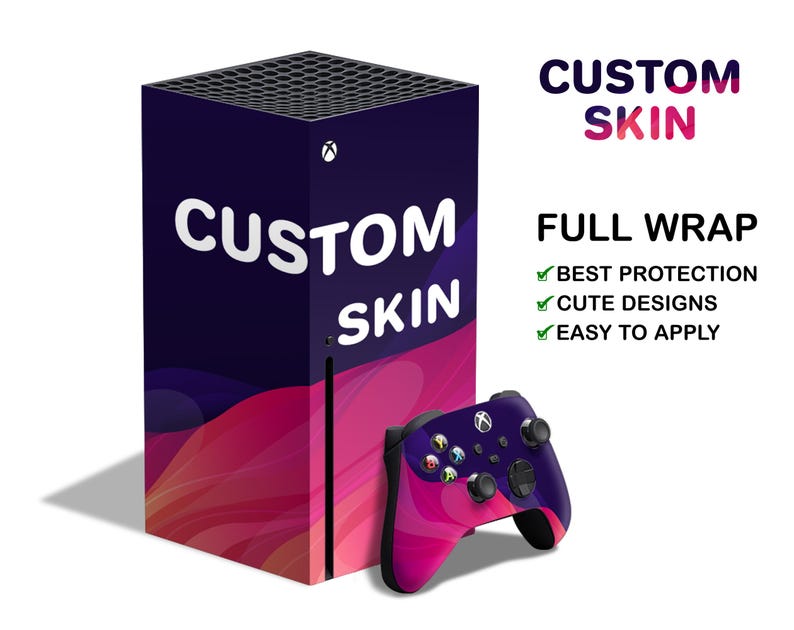 May include: A custom skin for a gaming console, featuring a purple and pink abstract design. The skin is designed to cover the entire console, including the controller. The text "CUSTOM SKIN" is displayed on the console and the controller.