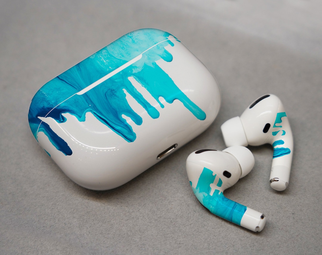 Blue Paint Airpods Pro Gen 1, 2 Abstract Acrylic Pattern