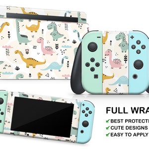 May include: A full wrap skin for the Nintendo Switch console and controllers. The design features a white background with a repeating pattern of colourful dinosaurs and abstract shapes. The text "FULL WRAP" is displayed in black letters at the bottom of the image. The text "BEST PROTECTION", "CUTE DESIGNS", and "EASY TO APPLY" are displayed in green tick marks below the text "FULL WRAP".