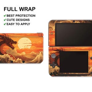 May include: A full wrap skin for the Nintendo 3DS XL console. The skin features a Japanese-inspired design with a dragon and a sunset. The text "FULL WRAP" is at the top of the image, and the text "BEST PROTECTION", "CUTE DESIGNS", and "EASY TO APPLY" are listed below.