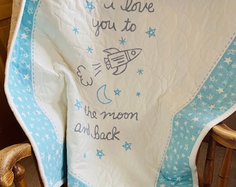 Love you to the Moon Baby Blanket, Moon and Stars baby quilt, Baby Boy Blue Crib Quilt, Space Baby Blanket, Moon and Stars Crib Quilt