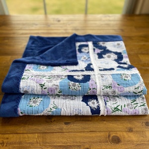 Floral Minky Baby Blanket: Blue Lilac Quilted Cotton Gauze