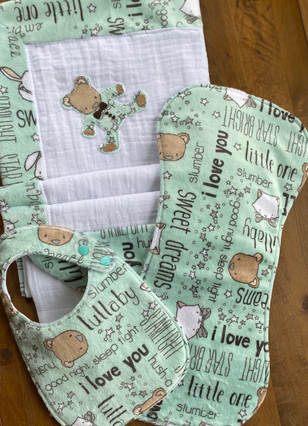 Baby Blanket Gift Set, Receiving Blanket, Minky, Bib, Burp Cloth