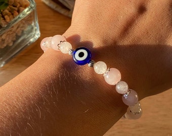 Women’s evil eye bracelet, rose quartz beaded bracelet, protection bracelet, protection jewellery, Turkish Greek Eye, nazar boncuk, boho