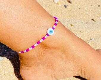 Tobillera multicolor, ojo griego turco, nazar boncuk, tobillera con cuentas, mal de ojo, protección, verano, boho, tobillera surfera, tobillera impermeable