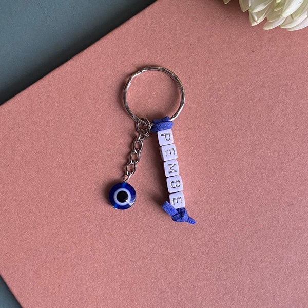 Personalised keyring, personalise gift mum, party favour, name keychain, custom, nazar boncuk, Turkish Greek Cypriot Eye, valentines gift