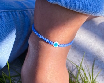 Anklet, Turquoise, lilac, beaded anklet, Evil Eye, protection, Turkish Greek eye, nazar boncuk, jewellery, ankle bracelet, surfer, summer
