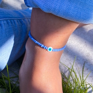 Fußkettchen, Türkis, Flieder, Perlenfußkettchen, Evil Eye, Schutz, Türkisch Griechisches Auge, Nazar Boncuk, Schmuck, Fußkettchen, Surfer, Sommer