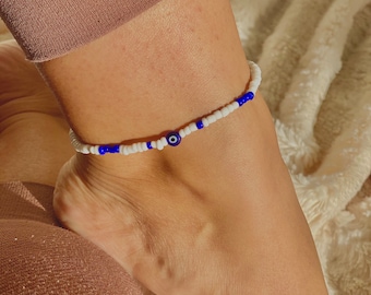 Evil Eye Anklet, beaded anklet, Turkish Greek eye, nazar boncuk, evil eye protection, summer jewellery, waterproof anklet, boho, surfer