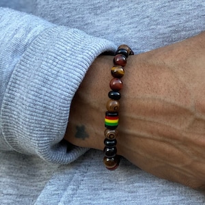 Bracelet rasta, jamaïcain, rasta, femme rasta, homme rasta, bracelet unisexe, bracelet en onyx oeil de tigre, bracelet africain, pour lui, Ghana
