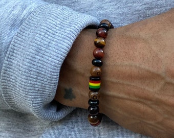 Rasta bracelet, Jamaican, Rastafarian, Rasta woman, Rasta man, unisex bracelet, Tigers eye onyx bracelet, African bracelet, for him, Ghana