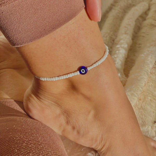 White Anklet, Turkish Greek eye, nazar boncuk, beaded anklet, evil eye, protection, summer, boho, surfer anklet, waterproof anklet