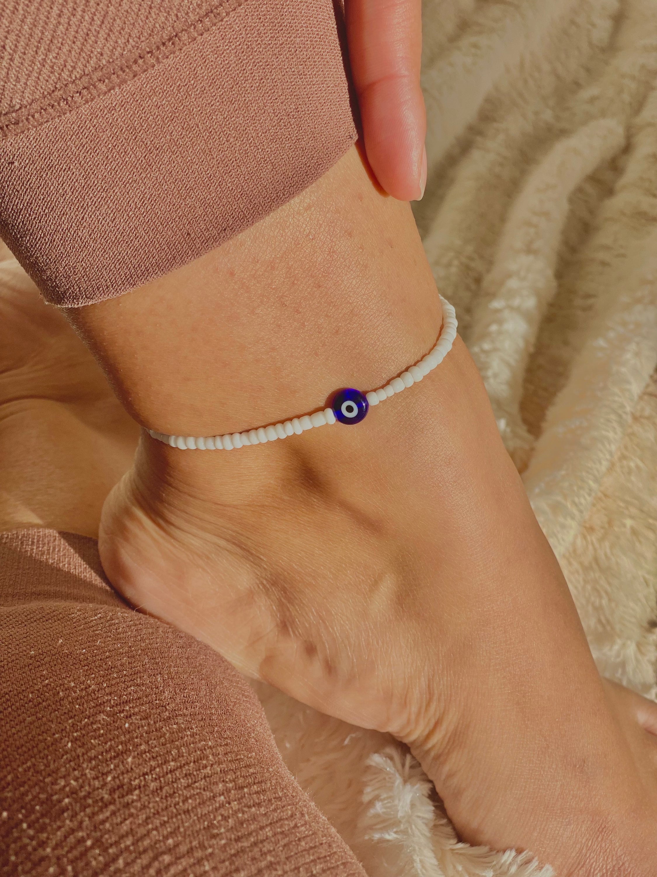 White Anklet, Turkish Greek eye, nazar boncuk, beaded, evil eye, protection, summer, boho, surfer anklet, waterproof anklet, GOOD LUCK