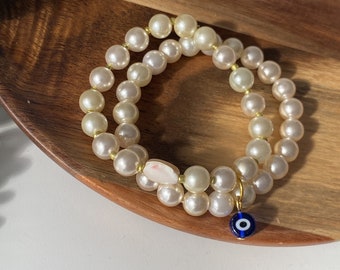 Perlenarmband, Stapelarmband, Böser Blick Armband, Nazar Boncuk, Perlmutt, Muttertagsgeschenk, Urlaubsschmuck, Boho, türkisches Auge