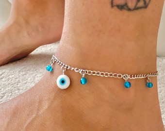 Tobillera de mal de ojo, tobillera de acero inoxidable, Ojo griego turco, nazar boncuk, protección, joyería de verano, boho, surf, chica de playa, buena suerte