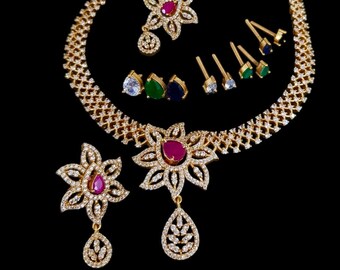 South Indian CZ necklace/ necklace with changeable color stones/ Indian jewelry