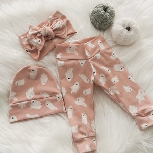 Baby Girl Halloween Legging Set with Hat and Headband Bow in Pink/Baby Shower Photo Prop/Ghost Print Outfit image 4