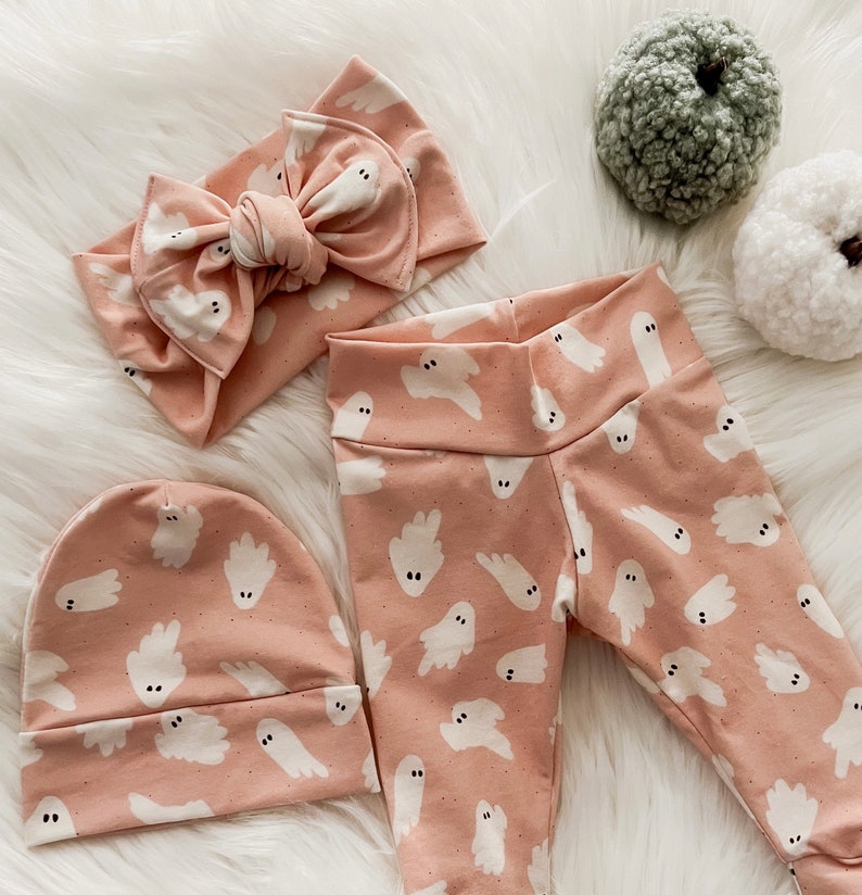 Baby Girl Halloween Legging Set with Hat and Headband Bow in Pink/Baby Shower Photo Prop/Ghost Print Outfit image 3