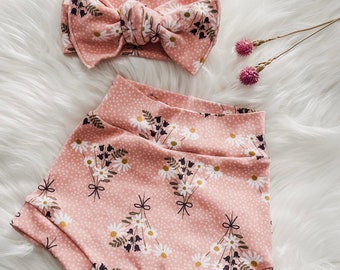 Wild Daisy Boutique Bummies in Pink with Bow Headband and/or Headband and Bummies Set/Cute Baby Girl Outfit/Baby Shower Gift