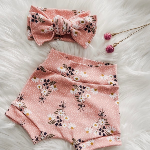 Wild Daisy Boutique Bummies in Pink with Bow Headband and/or Headband and Bummies Set/Cute Baby Girl Outfit/Baby Shower Gift