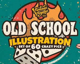 Old School Illustration Set • Skeletons • Barber • Pizza • Tattoo • Skater • Surf • Surfer Graphic • Ink Illustration • Devil • Hawaii