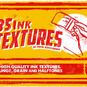 May include: A yellow and red graphic with the text "85INK TEXTURES" in red and white. The text "BY PAVEL KORZHENKO" is in black below the main text. The graphic also includes a hand holding a paint roller and a paint roller on the bottom right corner. The text "85 HIGH QUALITY INK TEXTURES. GRUNGE, GRAIN AND HALFTONES" is in red and white on the bottom of the graphic.