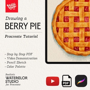 May include: A watercolor illustration of a berry pie with a lattice crust. The image is part of a Procreate tutorial, with text that reads "Drawing a BERRY PIE" and "Realistic WATERCOLOR STUDIO for Procreate."