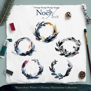 Ensemble de 5 couronnes de Noël aquarelles de la collection Noel Noir • Clip Art • Ours en peluche, bonhomme de neige, arc, pins, renard, Noel, Noël, hiver