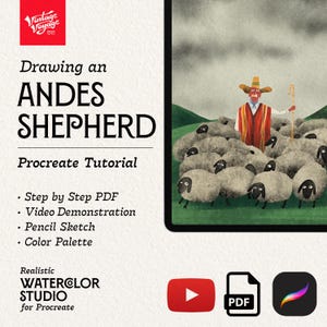 Pode incluir: Ilustração de um pastor dos Andes com o seu rebanho de ovelhas. A imagem faz parte de um tutorial Procreate, com o texto "Drawing an Andes Shepherd" e "Realistic Watercolor Studio for Procreate."