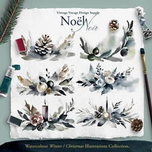 Conjunto de 6 Ramos de Acuarela de la Colección Noel Noir • Clip Art • Coronas, Ramas, Velas, Cabaña, Noel, Navidad, Pinos, Marcos
