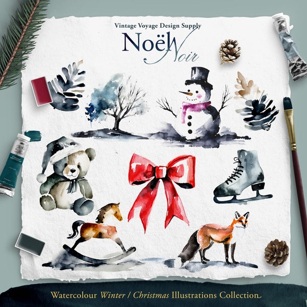 Set of 9 Watercolour Different Elements from Noel Noir Collection • Clip Art • Teddy Bear, Snowman, Bow, Pines, Fox, Noel, Christmas, Winter