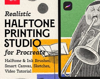 Puede incluir: Una ilustración digital de una persona tocando la trompeta con un efecto de semitono. La imagen está en la pantalla de una tableta con el texto "Realistic Halftone Printing Studio for Procreate" y "Halftone & Ink Brushes, Smart Canvas, Sketches, Video Tutorial".