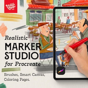 Op de afbeelding: Illustratie van een digitale kunststudio voor Procreate, met een tablet met een caféscène. Een hand houdt een rode marker vast en tekent op het scherm. De tekst luidt "Realistic Marker Studio for Procreate". Inclusief penselen, slim canvas en kleurplaten.