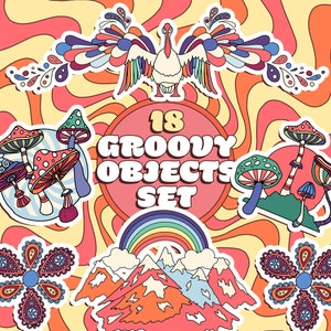 May include: A set of 18 groovy objects in a retro style, including mushrooms, a rainbow, mountains, a flower, and a bird. The objects are all outlined in black and have a colorful, psychedelic design.
