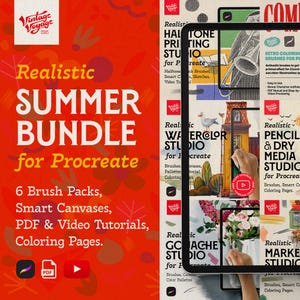 May include: A digital product advertisement for a Realistic Summer Bundle for Procreate, featuring a bright orange background with floral patterns and a tablet screen displaying various artistic brush packs, smart canvases, PDF and video tutorials.