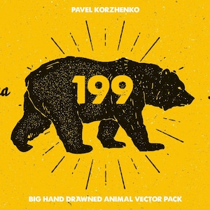 May include: A black silhouette of a bear walking with the number 199 in the middle of its body. The bear is surrounded by a yellow sunburst. The text "Mega Pack" is on the right side of the image and the text "BIG HAND DRAWN ANIMAL VECTOR PACK" is at the bottom of the image.