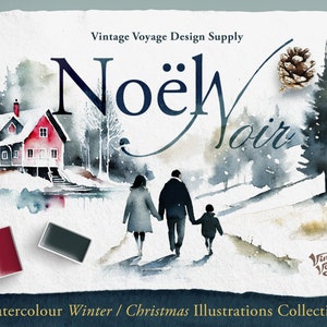 Noel Noir • Clipart de ilustração em aquarela de Natal • Coroas, galhos, velas, cabine, texturas, planos de fundo, pinheiros, buquês, molduras
