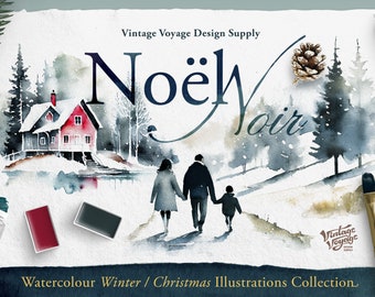 Noel Noir • Christmas Watercolour Illustration Clip Art • Wreaths, Branches, Candles, Cabin, Textures, Backgrounds, Pines, Bouquets, Frames