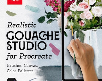May include: Realistic Gouache Studio for Procreate, a digital art app, with brushes, canvases, and color palettes. The image shows a hand using a stylus on a tablet to paint a bouquet of flowers in a vase.