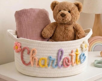 Personalized Baby Name Basket, Custom Woven Cotton Rope Basket, Nursery Storage Basket, Baby Shower Gift