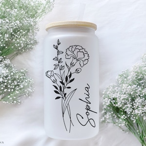 Personalized Tumbler with Birth Flower and Name, Glass Iced Coffee Cup, Bridesmaid Proposal Gift, Gifts for Her, Mother&#39;s Day Gift