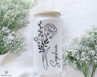 Personalized Tumbler with Birth Flower and Name, Glass Iced Coffee Cup, Bridesmaid Proposal Gift, Gifts for Her, Mother&#39;s Day Gift