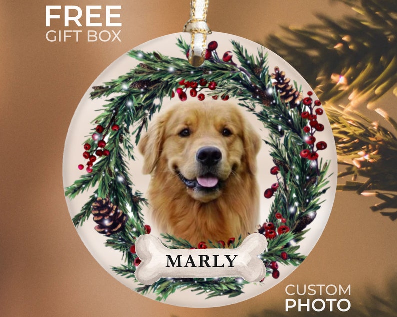 Personalized Pet Ornament, Custom Dog Christmas Ornament, Pet Memorial Ornament, Cat Christmas Photo Ornament, Pet Portrait Name Gift image 1