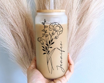 Personalized Birth Flower Tumbler, Gifts for Her, Mother's Day Gift, Bridesmaid Proposal Gift, Graduation Gift, Custom Glass Coffee Cup
