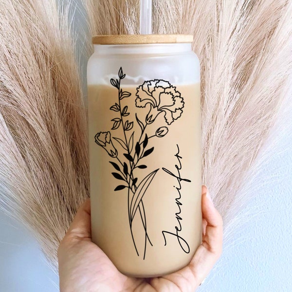 Personalized Birth Flower Tumbler, Gifts for Her, Mother's Day Gift, Bridesmaid Proposal Gift, Graduation Gift, Custom Glass Coffee Cup