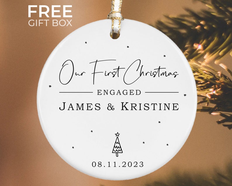 Engaged Christmas Ornament, Custom Engagement Keepsake, Engagement Gift, Personalized First Christmas Engaged, Engagement Announcement image 1